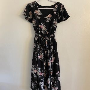 Black & Pink Floral Midi V-neck Dress w/ Tie Waist